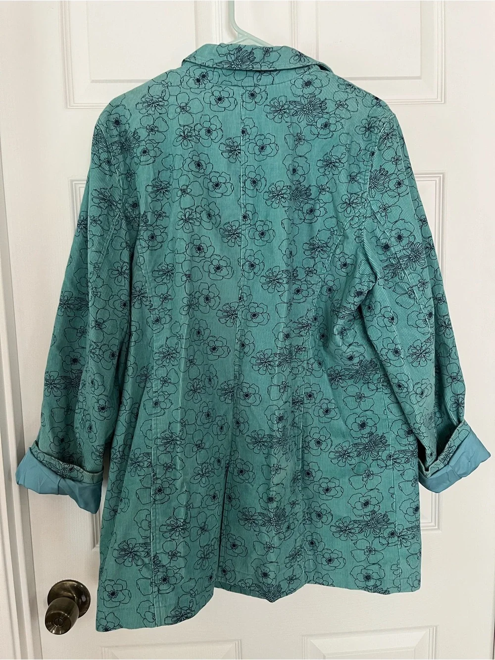Denim & Co  XL Teal Floral Corduroy Button Down Lined  Jacket